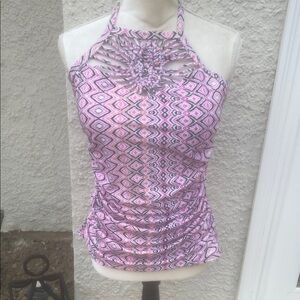 Island Escape Women's Pink/Grey Design Crochet Boho Halter Swim Top Size 12